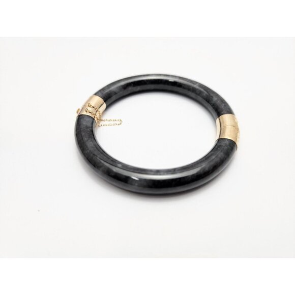 14K Solid Yellow Gold Textured Black & Grey Jade Jadeite Bangle Bracelet 7" L - Picture 4 of 13